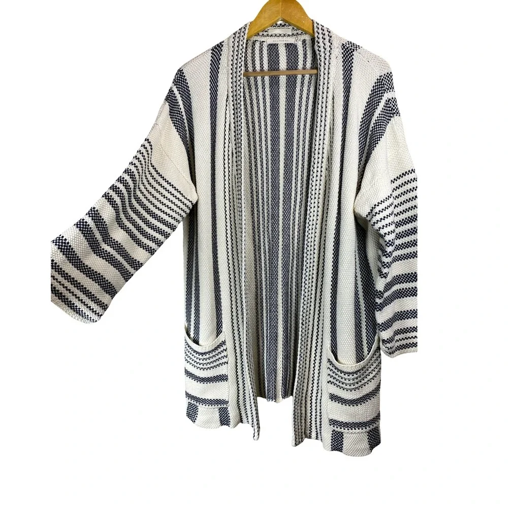 Ellison Womens Striped Open Front Cardigan Sweater Textured Knit‎ L Boho Coastal